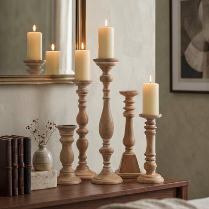 Distressed Brown Wood Pillar Candle Holders Set of 5 - Image 2