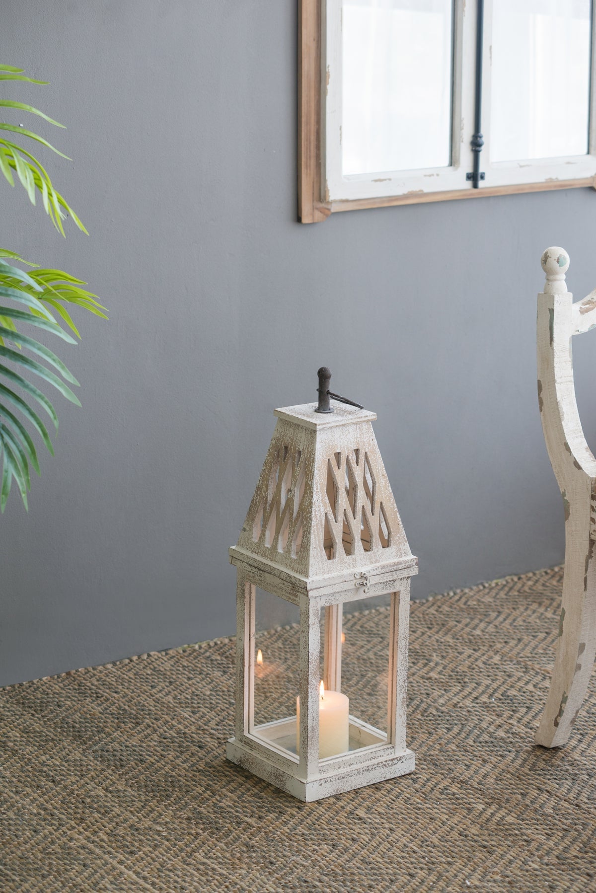 Weathered White Wood and Glass Lanterns Set of 2 - Image 7