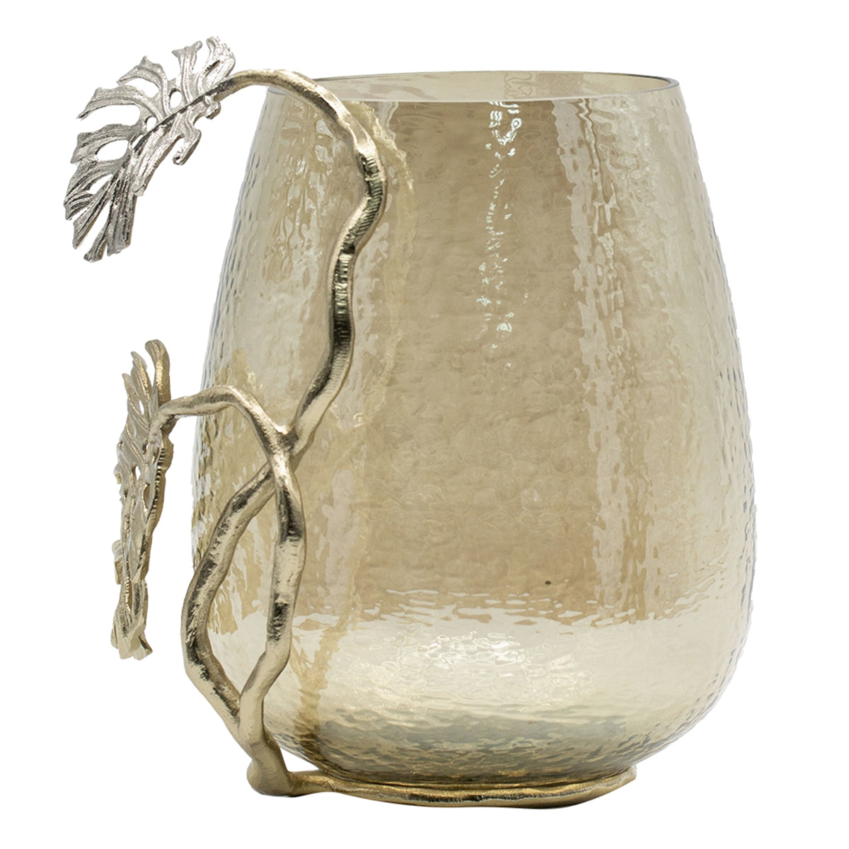 Palm Leaf Metal and Smoke Glass Candle Holder - Image 6