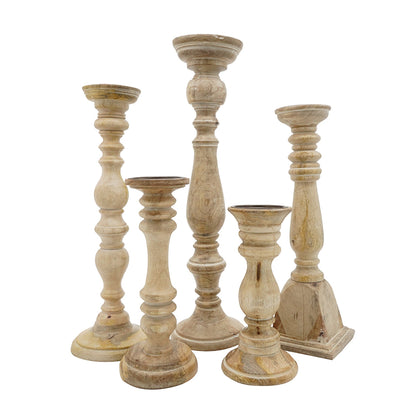Distressed Brown Wood Pillar Candle Holders Set of 5 - Image 1