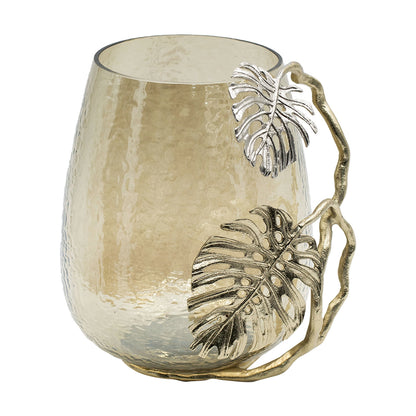 Palm Leaf Metal and Smoke Glass Candle Holder - Image 3
