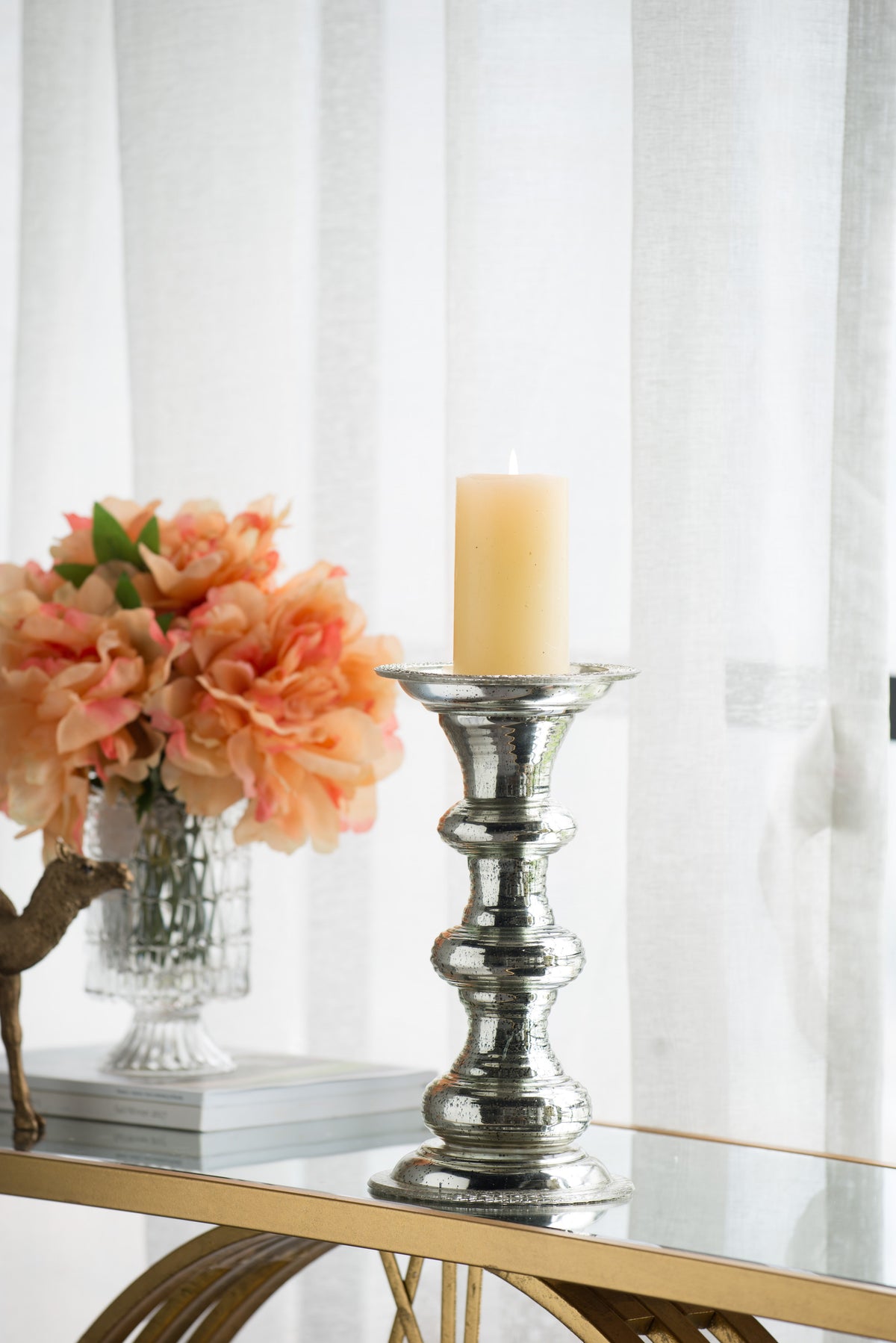 Antique Silver Ribbed Glass Pillar Candle Holder - Image 8