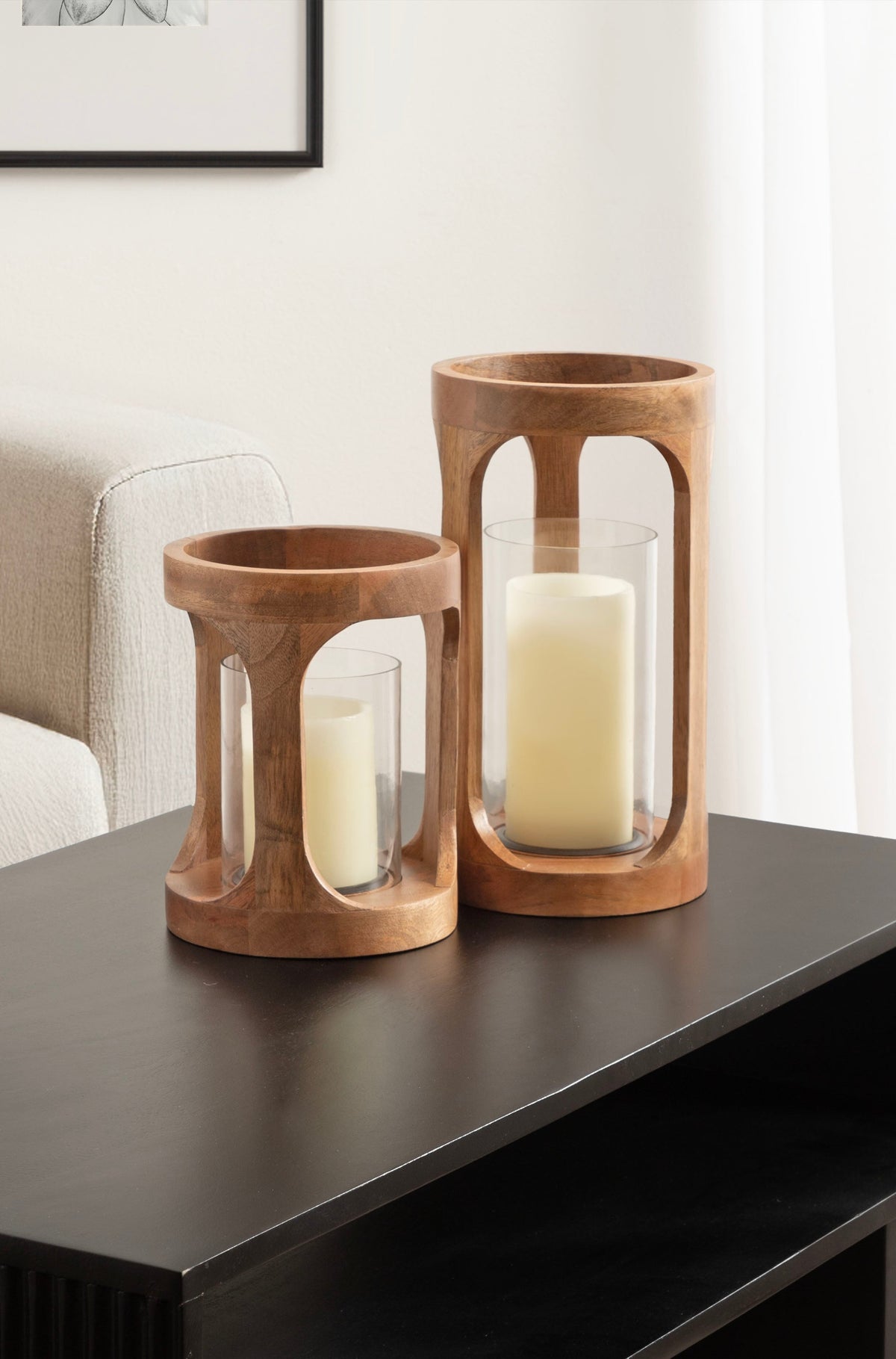 Natural Wood Lantern Candle Holders with Glass Cylinders Set of 2 - Image 8