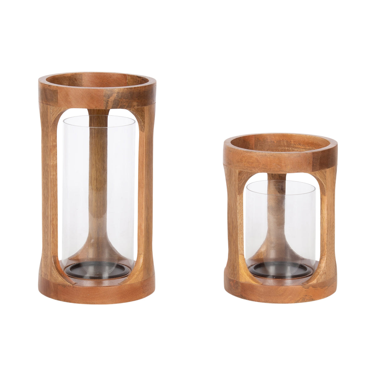 Natural Wood Lantern Candle Holders with Glass Cylinders Set of 2 - Image 5