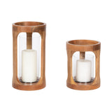 Natural Wood Lantern Candle Holders with Glass Cylinders Set of 2 - Image 1