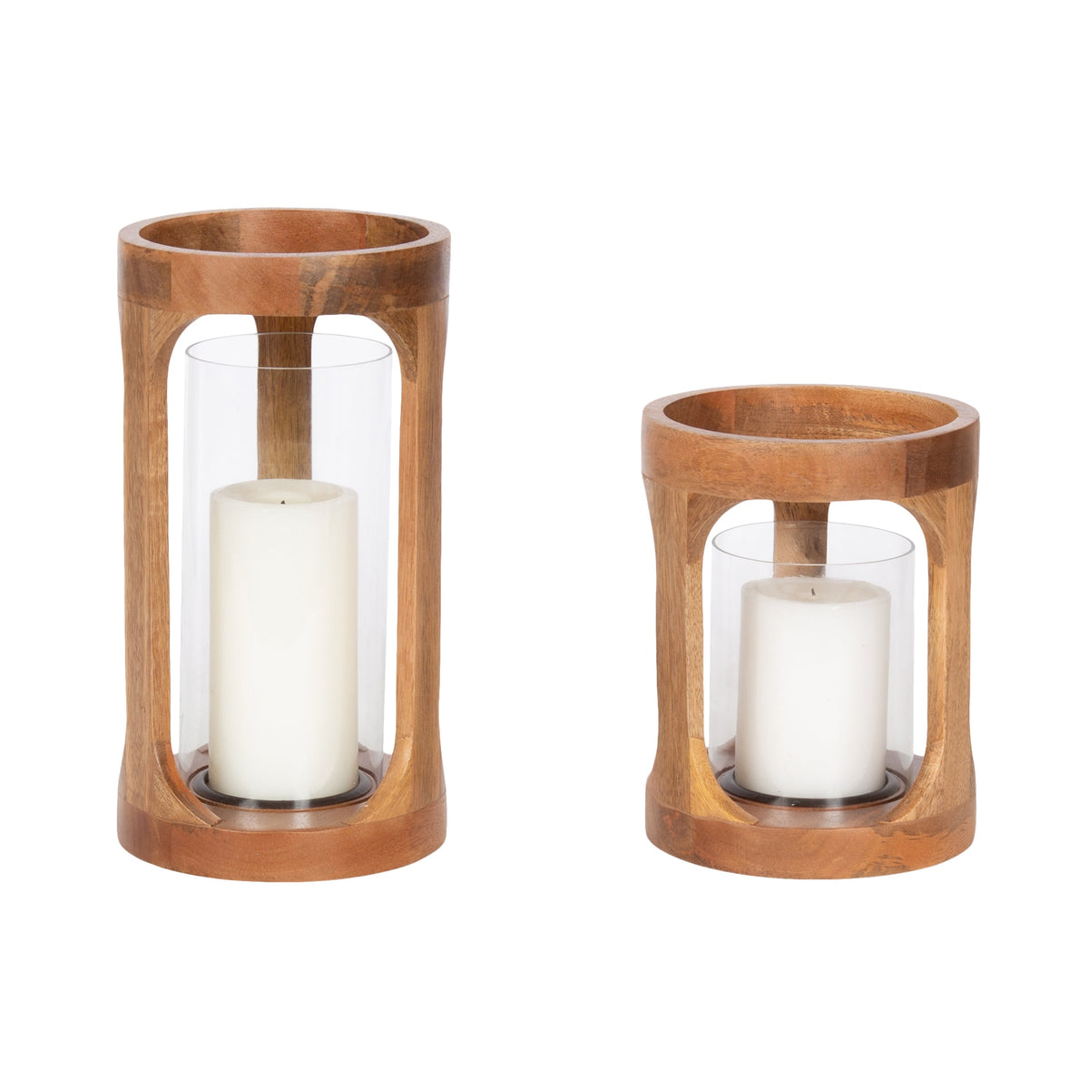 Natural Wood Lantern Candle Holders with Glass Cylinders Set of 2 - Image 1