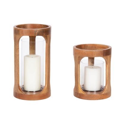 Natural Wood Lantern Candle Holders with Glass Cylinders Set of 2 - Image 1