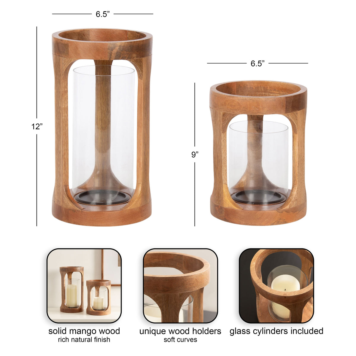 Natural Wood Lantern Candle Holders with Glass Cylinders Set of 2 - Image 2