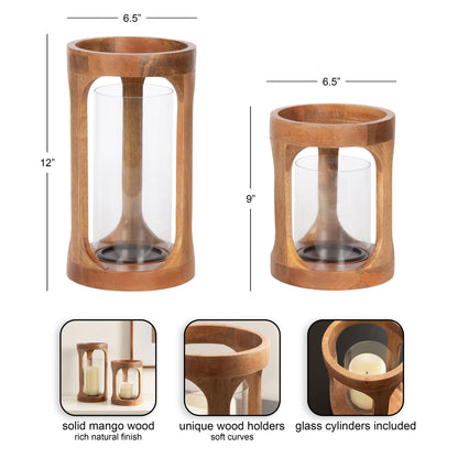 Natural Wood Lantern Candle Holders with Glass Cylinders Set of 2 - Image 2